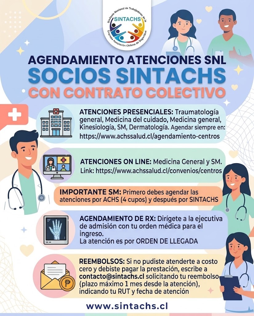 Afiche: agendamiento de atenciones SNL para socios Sintachs con contrato colectivo